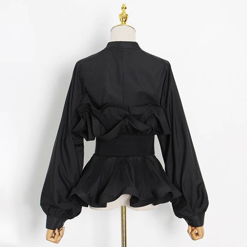 Spring Ruffle Belted Top with Stand Collar - Picture 13 of 14